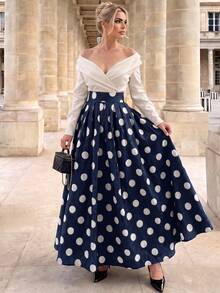 Anewsta Fall Classic 1960s Vintage Elegant Retro Polka Dot Holiday Party A-Line Skirt For Women Blue - Navy Blue - View 5