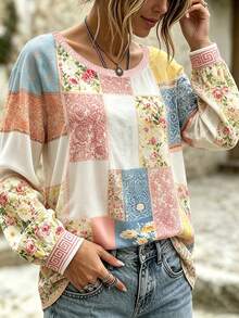 Selamara Women's Casual Floral And Plaid Print Round Neck Long Sleeve T-Shirt, Suitable For Daily Wear Fall - Apricot - View 3