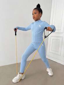 SHEIN Tween女孩純色紋理休閒長袖運動服，兒童秋冬套裝 - 淺藍色 - 查看 3