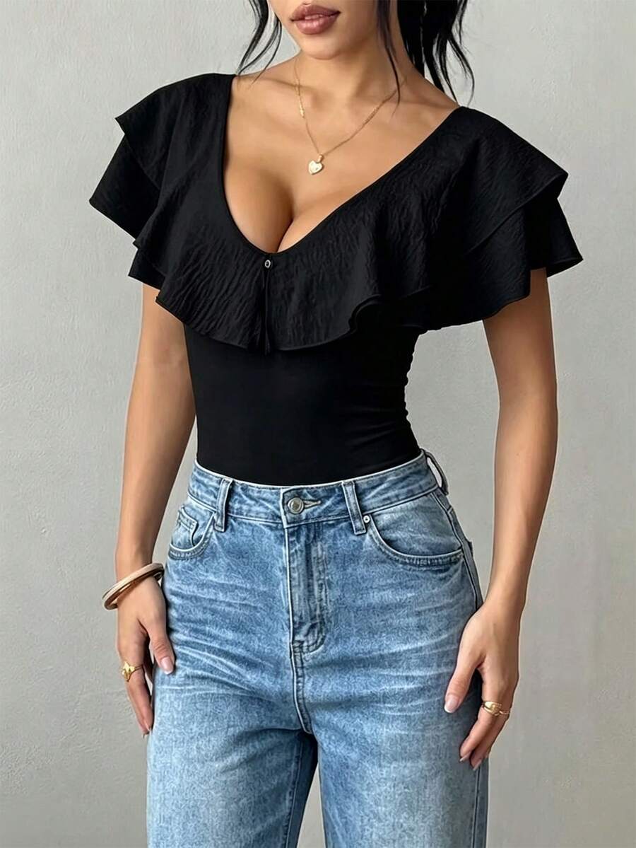 Rafferiza Women's Elegant Solid Color Ruffle Trim Bodysuit, Summer - Black - View 1