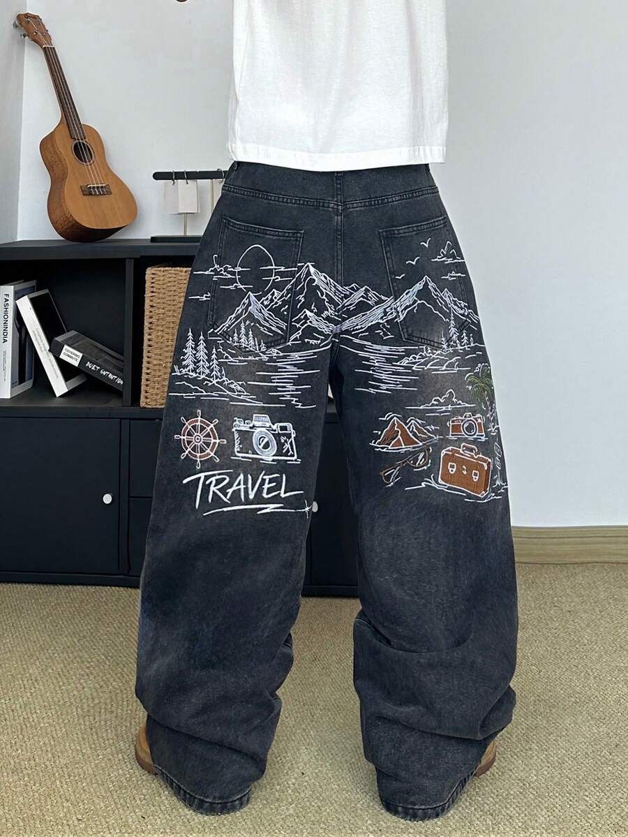 STEELVANCE 街頭風復古時尚百搭做舊貓鬍鬚刺繡設計寬鬆直筒寬腿休閒牛仔褲(不含腰帶與配件) - 黑色 - 查看 1
