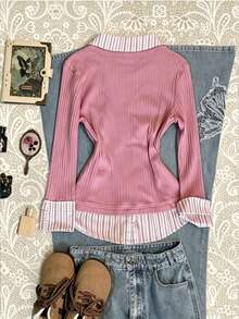IslaSuriya Women's Ribbed Knit Top, 2 In 1 Striped Collar V-Neck Long Sleeve Slim Fit Shirt, Casual Layered Look, New Fall Style - Multicolor - View 2