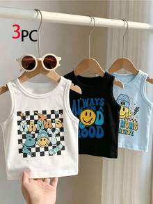 SHEIN Playful Pals 3件組 嬰兒臉部字母印花圓領休閒背心上衣 夏季，男嬰背心上衣，嬰兒夏季背心上衣，嬰兒T恤，男嬰臉部背心上衣，幼兒背心上衣，男嬰上衣 3件組 - 彩色 - 查看 2