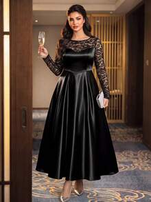Auveirra Gaun Pesta Formal Koktail Hitam untuk Wanita Ukuran Besar dengan Hiasan Renda dan Patchwork, Elegan, Tradisional, dan Mengencangkan Pinggang, Warna Hitam untuk Musim Gugur/Musim Dingin - Hitam - View 8