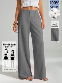 SHEIN Tall 100%水洗棉低腰直筒長褲，適合高個女性 - 灰色 - 查看 3