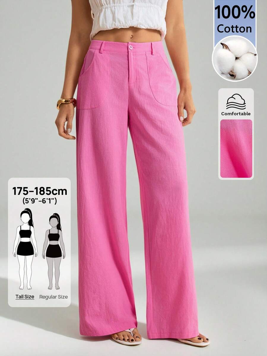 SHEIN Tall 100%水洗棉低腰直筒工裝褲,適合高個女性 - 玫紅色 - 查看 1