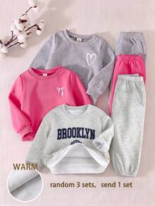 SHEIN Baby Girl Autumn/Winter Cute Versatile Letter Print 2 In 1 Pullover Sweatshirt And Casual Sports Long Pants Set - Grey - View 6