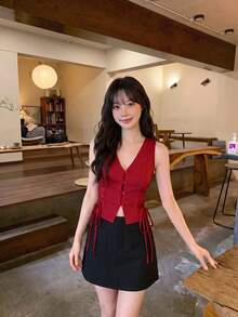 SHEIN MOD 女士红色交叉带纽扣式夏季背心 - 紅色 - 查看 5