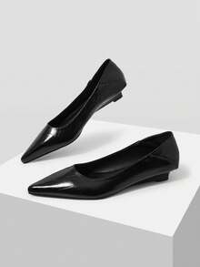 Mnmlis Women Shoes PU Leather Pleated Texture Pointed Toe Beveled Low Heel Commuting Simple Retro Black Low Vamp Shoes, Workplace Commuting Daily W - Graphite Black - View 1