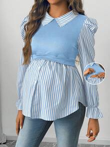 SHEIN 孕婦哺乳功能鈕扣條紋拼接時尚上衣 秋季 - 藍色 - 查看 1