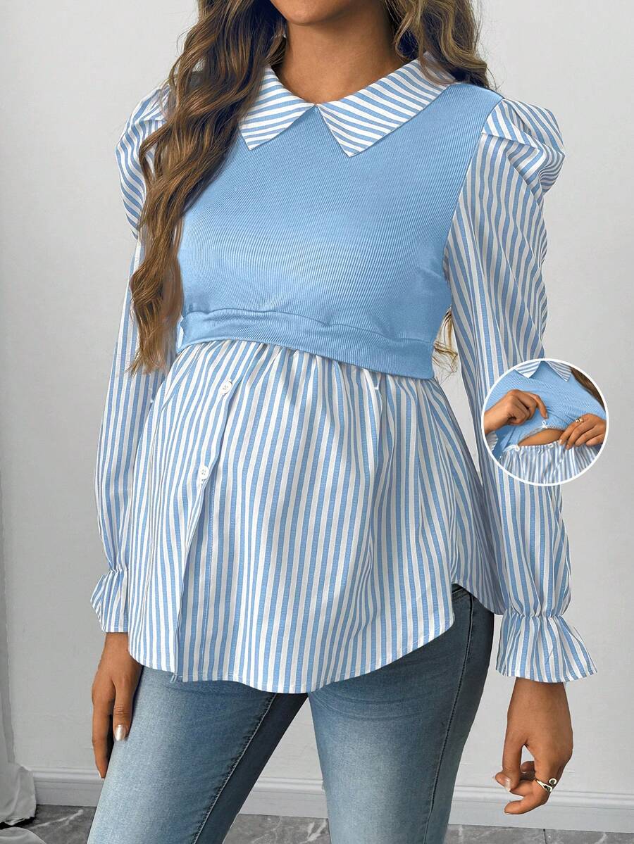 SHEIN 孕婦哺乳功能鈕扣條紋拼接時尚上衣 秋季 - 藍色 - 查看 1