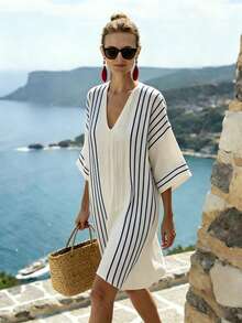 SHEIN Holidaya 女士休闲条纹度假连衣裙 - 藏蓝色 - 查看 3