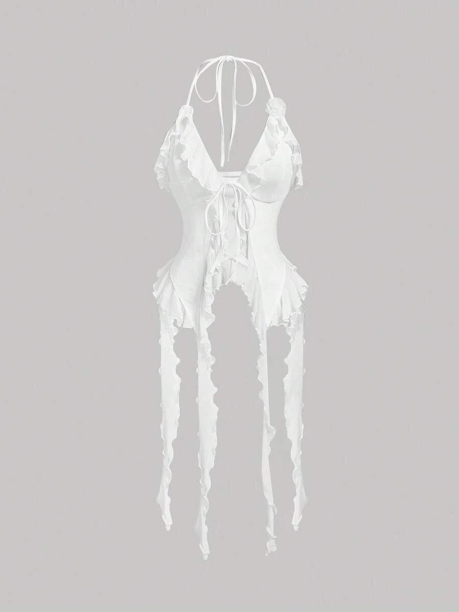 SHEIN X YERIMUA SHEIN MOD 夏季浪漫白色荷叶边缎带和3D花朵系带领上衣 夏季女式上衣 演唱会女式性感上衣 - 白色 - 查看 1