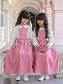 Tween Girl Back To School Outfit, Fitted Pink & White Patchwork Long Sleeve Dress With 3D Bow Decor, Turn-Down Collar, Open Front, Vintage Preppy Style, Exquisite Pink & White Plaid With Large 3D Bow, Casual School Shirt Dress For Tween Girl - Pink - View 8