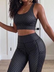 SHEIN Core Rhythm Women's Polka Dot Print Tank Top And Fitted Leggings Sports Set - Multicolor - View 7