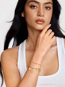Kryxie 1pc 18K Gold Plated Stainless Steel Multi-Layer Colorful Necklace, Sun, Starfish, Heart Design Pendant, Titanium Steel Necklace - Multicolor - View 7