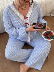Dazy Plus Cute Plaid Loose Top And Pants 2-Piece Set, Blue Pajama Set For Spring And Autumn - Blue - View 6