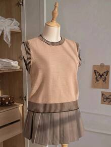 Comfortcana Plus Size Summer Commuter Vintage Traditional Normal 90s Elegant Round Neck Knit Vest Teachers' Day Formal Black - Camel - View 2