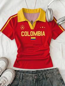 SHEIN EZwear Women's Summer Casual Athleisure Colorblock Patchwork Letter Print T-Shirt Travel Vacation Red And Yellow - Multicolor - View 1
