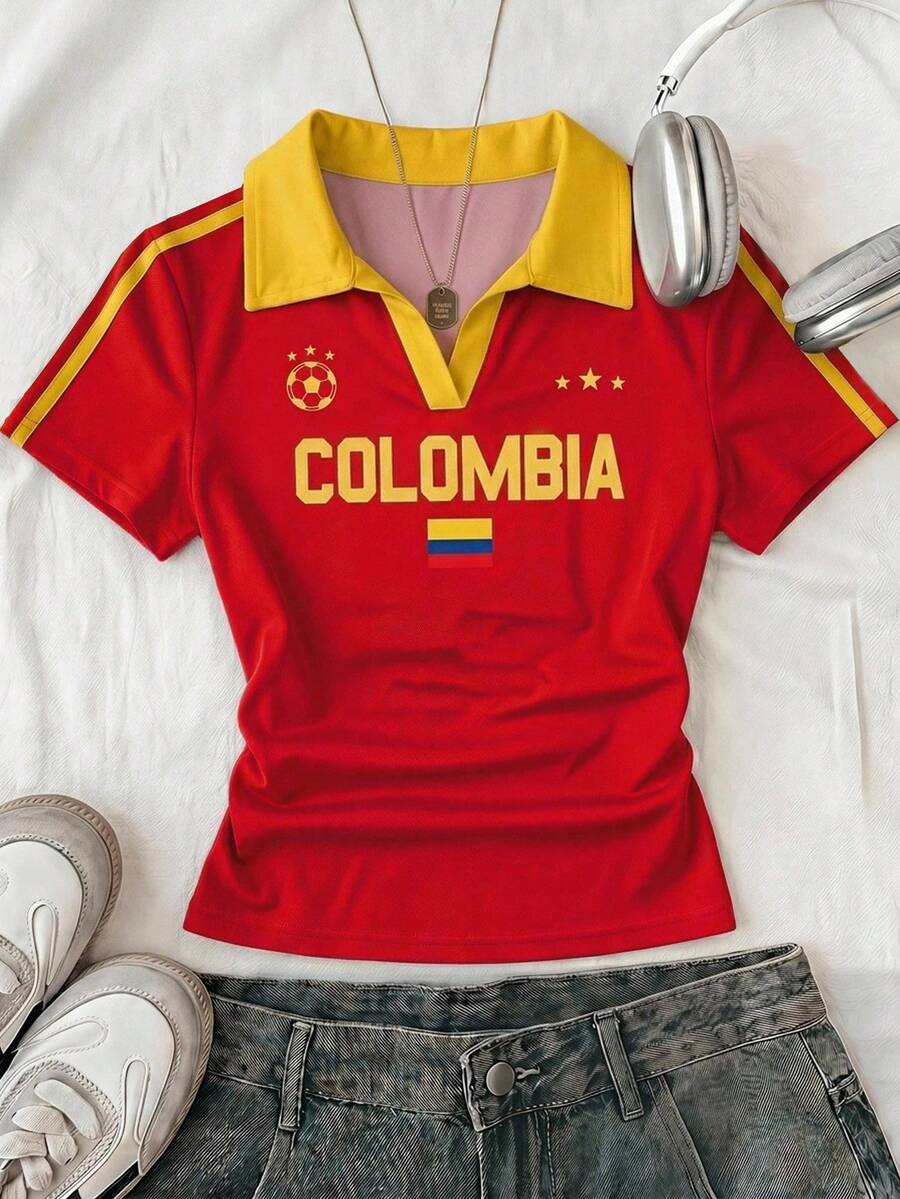SHEIN EZwear Women's Summer Casual Athleisure Colorblock Patchwork Letter Print T-Shirt Travel Vacation Red And Yellow - Multicolor - View 1