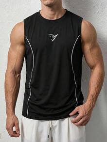 Sport MetroGents 男士拼色黑色無袖運動背心，極簡運動休閒印花健身跑步籃球訓練背心 T-shirt 夏季 - 黑色 - 查看 3