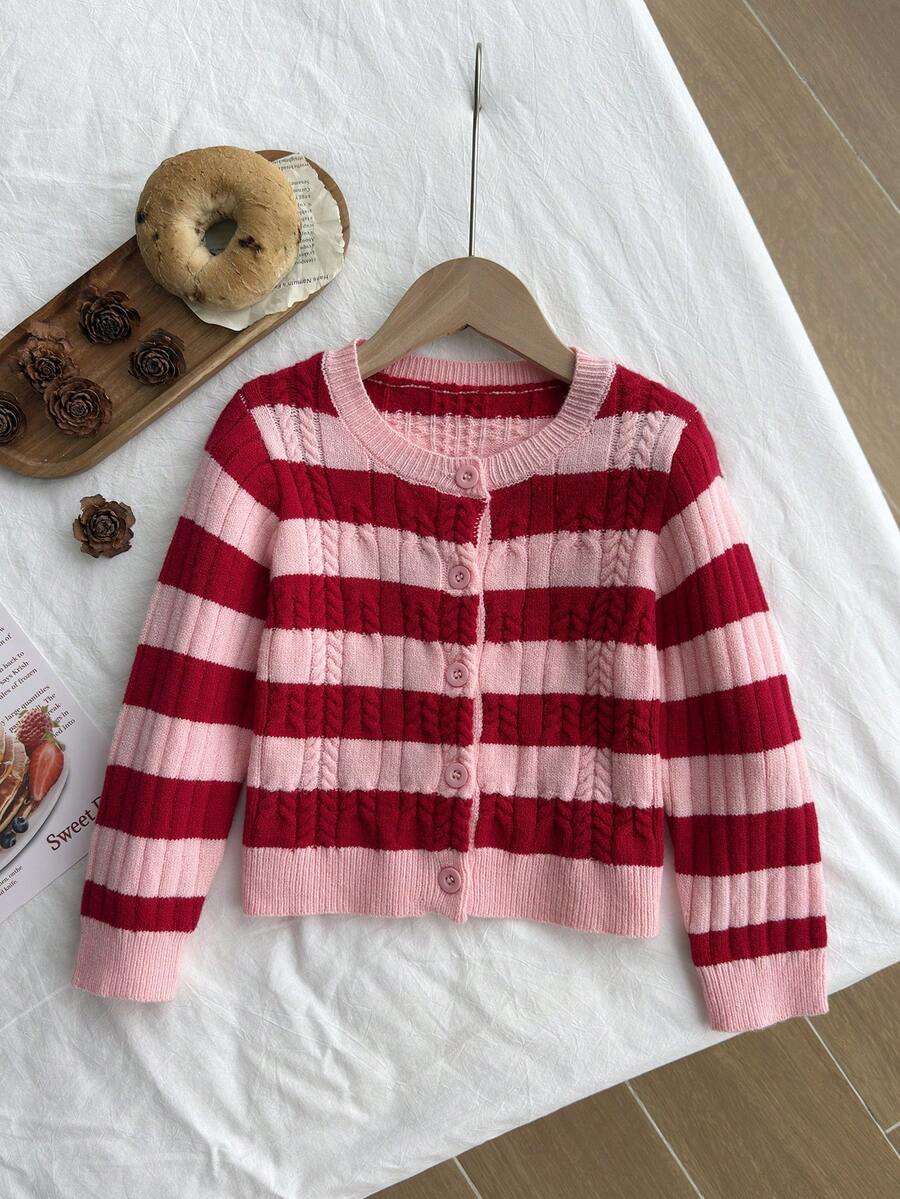 SHEIN Girls' Autumn/Winter Thick Fashion Bow Cute Minimalist Knit Sweater Long Sleeve Cardigan Back-To-School - Multicolor - View 1