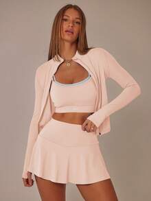 Aralina 休閒運動風前開襟拉鍊長袖上衣與高腰單車褲兩件套，健身房運動夏季休閒世界盃球迷穿搭 - 賓治酒 - 查看 5