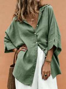 EMERY ROSE Plus-Size Women's Spring/Summer Casual, Simple, And Versatile Resort-Style Khaki Solid-Color Loose-Fit Drop-Shoulder Collared Shirt-Perfect For Spring And Summer - Green - View 1