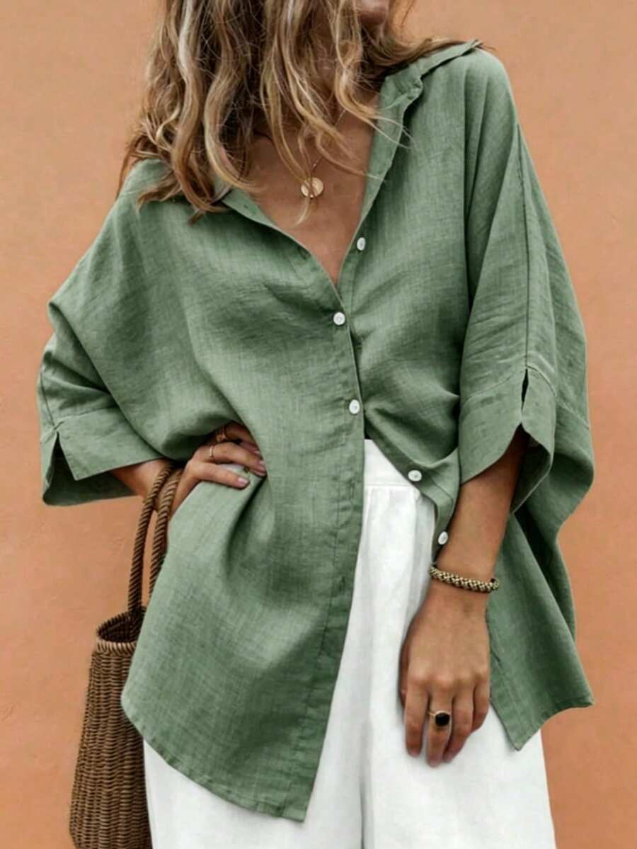 EMERY ROSE Plus-Size Women's Spring/Summer Casual, Simple, And Versatile Resort-Style Khaki Solid-Color Loose-Fit Drop-Shoulder Collared Shirt-Perfect For Spring And Summer - Green - View 1