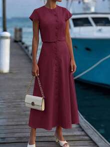 Editum Women's Round Neck Short Sleeve Button-Down Shirt + Side Zipper Faux Pocket Umbrella Skirt, Elegant Commute Brunch Vacation Burgundy Summer Halloween - Burgundy - View 3