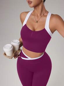 SHEIN Sports 1套紫色白色無縫運動套裝，無袖露背，柔軟舒適貼身，適合健身、跑步、休閒運動性感風，瑜伽健身房夏季穿搭 - 中紫紅色 - 查看 6