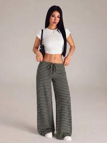 SHEIN PETITE 女款秋冬新款超低腰黑色條紋長褲 - 彩色 - 查看 6
