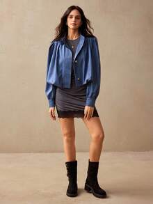 Willow Rêve Women's Dusty Blue Stand-Collar Cropped Jacket, Button Front, Pleated Puff Long Sleeves, Elegant French Style, Office Autumn - Navy Blue - View 3