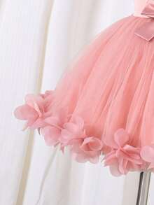 SHEIN Glamorique Kids 女嬰公主禮服大蓬裙 派對生日夏季花童裙 灰粉色蓬鬆薄紗婚禮裙 V領露背 大蝴蝶結 優雅款 - 藕粉色 - 查看 7