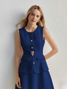 MOTF PREMIUM SOLID PEPLUM WAIST FLARE HEM BELTED DRESS WOMEN OUTFIT - Royal Blue - View 5