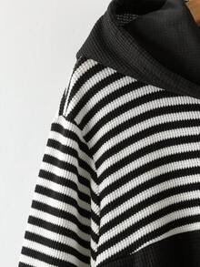 Linhara Plus Size Women's Elegant Casual Hooded Striped Color Block Patchwork Dress, Slimming Minimalist Straight Cut, Daily Commute Sports Autumn Fall - Black and White - View 5