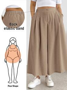 Shapeblank Plus Size Fashion Button Pocket Pleated Loose Wide Leg Pants Fall - Camel - View 10