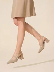 CUCCOO BASICS 時尚經典飛織透氣舒適通勤派對宴會尖頭粗高跟女鞋 Slingback 露跟高跟鞋 - 杏色 - 查看 6