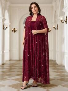 Reflora Conjunto de 2 piezas de vestido bata largo de encaje transparente con decoración de cuentas para tallas grandes - Rojo - Ver 6