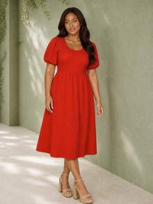 ELLERISSA Plus Size Red Scoop Neck Puff Sleeve Textured A-Line Midi Dress - Burnt Orange - View 4
