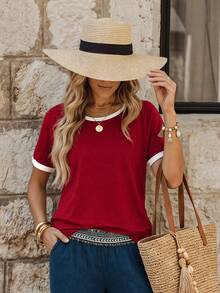 SHEIN Camiseta de manga corta de bloque de color simple para mujer para ropa de Año Nuevo, camisetas gráficas para mujer - Rojo - Ver 3
