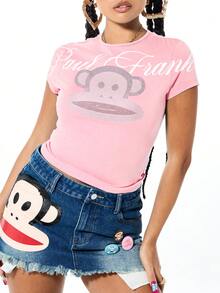 SUMWON X PAUL FRANK SUMWON WOMEN 水钻猴子图案短袖圆领T恤，棉混纺面料，休闲春夏节日可爱动物印花上衣 - 粉色 - 查看 4