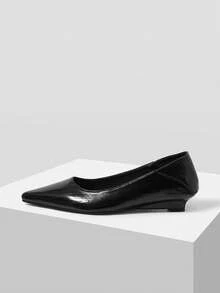 Mnmlis Women Shoes PU Leather Pleated Texture Pointed Toe Beveled Low Heel Commuting Simple Retro Black Low Vamp Shoes, Workplace Commuting Daily W - Graphite Black - View 2