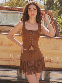 SHEIN MOD Atasan Tank Top Cokelat dengan Tali Pengikat di Bagian Depan dan Lubang Tali di Tengah Depan, Tanpa Blus - Coklat - View 6