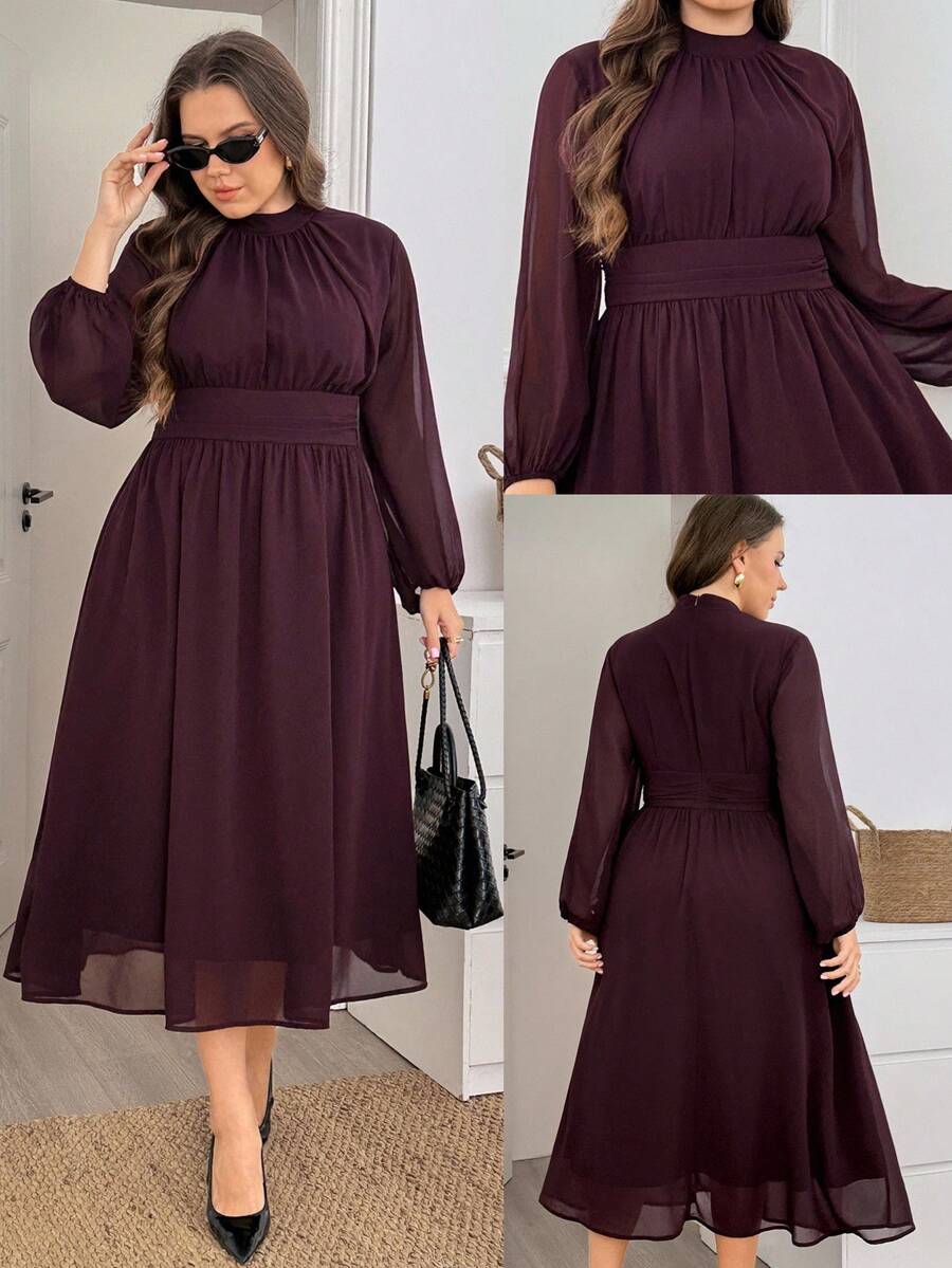 Comfylo Gaun Ukuran Plus Elegan untuk Komuter Warna Polos Lengan Lentera Musim Gugur - Chocolate Brown - View 1