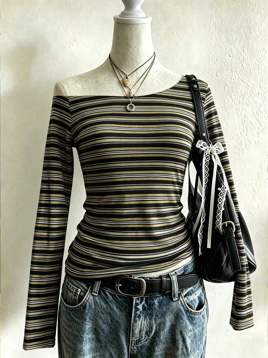 Lalippa Women Vintage Color Block Stripe Off Shoulder Long Sleeve Tee, Slim Fit Figure Flattering Top For Daily & Street Commute Wear - Multicolor - View 1