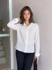 SHEIN Teen Girl Casual Daily Versatile Comfortable Loose Solid Color Collared White Shirt Fall/Winter - White - View 2