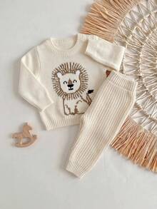 SHEIN Kids Kids Newborn Cartoon Pattern Sweater & Knitted Autumn Winter Pants Set Neutral Baby - Apricot - View 5