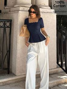 Siren Gaze Women's Solid Color Pleated Casual Versatile Daily Wear Blouse - Navy Blue - View 7