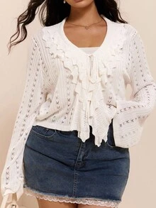 Comfortcana Plus Size Women's Long Sleeve Patchwork Ruffle Front Tie Knit Cardigan - Apricot - View 3